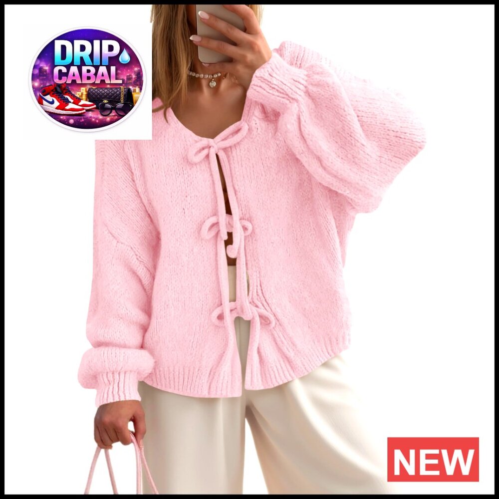 Oversized Bow Tie Front Cardigan Soft Knit Chic Y2k Loose Fit Open Front Sweater